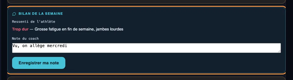 Carte « Bilan de la semaine » encadrée : ressenti de l'athlète rempli, champ de note du coach