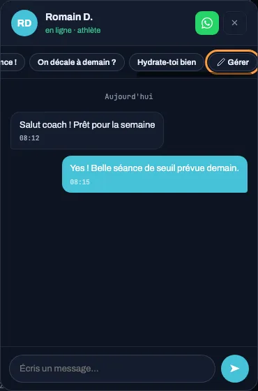 Chip « Gérer » encadré à droite de la barre de réponses rapides, dans le panneau de messagerie