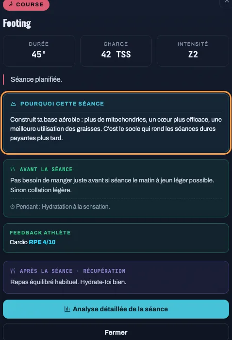 Bloc « Pourquoi cette séance » encadré dans la fiche d'une séance de course à pied