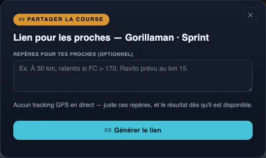 Fenêtre « Partager la course » : champ de repères pour les proches et bouton Générer le lien