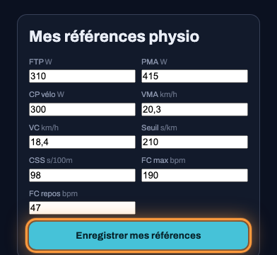Bloc « Mes références physio » : champs FTP, PMA, VMA… et bouton Enregistrer encadré