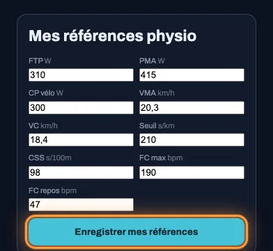 Bloc « Mes références physio » : champs FTP, PMA, VMA… et bouton Enregistrer encadré